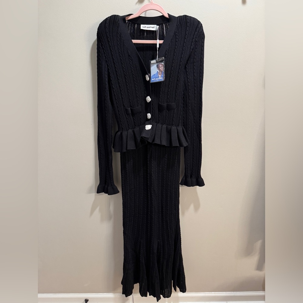 New Self-Portrait Black Knit Peplum Midi Dress Size Large - Picture 3 of 6